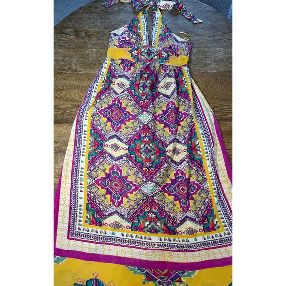 Angie Halter Maxi Dress Boho Gold & Magenta Geometric Boarder Print Smocked Sz L - Picture 2 of 13